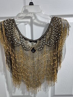 Unk Black and Gold Beaded Fringe Statement Top
